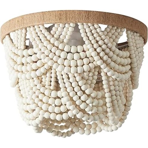 White Boho Mini Chandelier, 2-Tier Wood Beaded Flush Mount Ceiling Light for Bedroom Hallway Entryway Closet Laundry Room Nursery Room 4-Lights