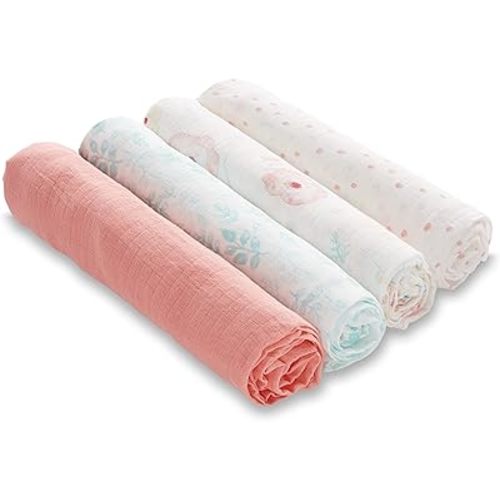 aden + anais Essentials Muslin Swaddle Blankets for Baby Girls and Boys, Newborn Receiving Blanket for Swaddling, 100% Cotton Baby Swaddle Wrap, 4 Pack, Full Bloom