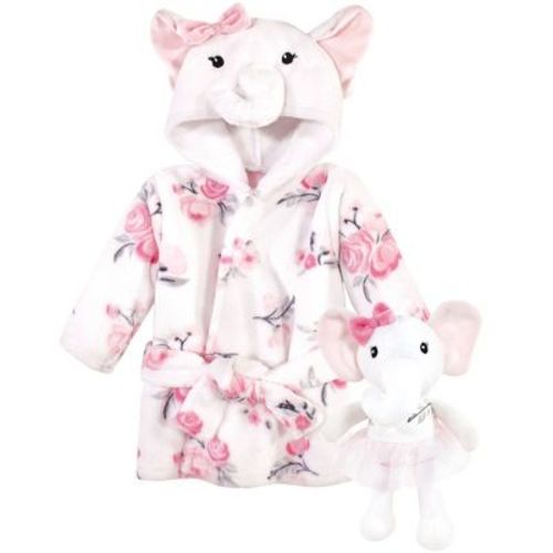 Hudson Baby Infant Girl Plush Bathrobe And Toy Set, White Elephant, One Size