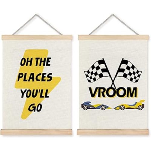 JINYO Race Car Wall Decor, Black and White Checkered Racing Flag Quote Wall Art Poster, Race Car Room Decor, Racing Cars Posters for Kids Boys Room Bedroom Playroom, 12x16 Inches Set of 2