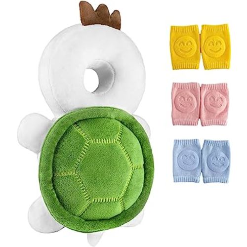 Baby Toddler Head Protector Backpack Head Safety Pad Adjustable Backpack Baby Head Protection with 3 Pairs Baby Knee Pads for Infant Toddler & Walker Walking & Crawling Cute Tortoise HX S4