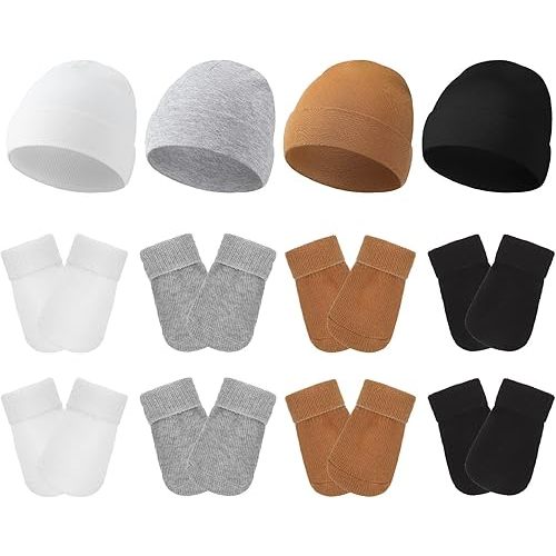 Hercicy 4 Pack Preemie Hat and Mitten Socks Set Cotton Preemie Beanie No Scratch Baby Mitten Nicu Hospital Hat for Boy Girl