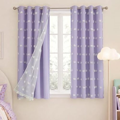 NICETOWN Lavender Purple Pom Pom Curtains, Room Darkening Double Layer Sheer Drapes for Girls Bedroom, Thermal Insulated Window Treatments, W52 x L63, 2 Panels