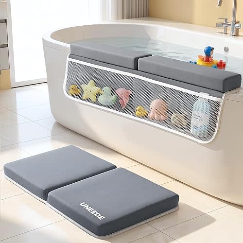 UNEEDE Baby Bath Kneeler and Elbow Rest Pad Set, 1.5” Thick Memory Foam Bath Kneeling Pad with Elbow Support, Bathtub Mat with Toy Organizer for Bathing Infant or Toddler, Grey