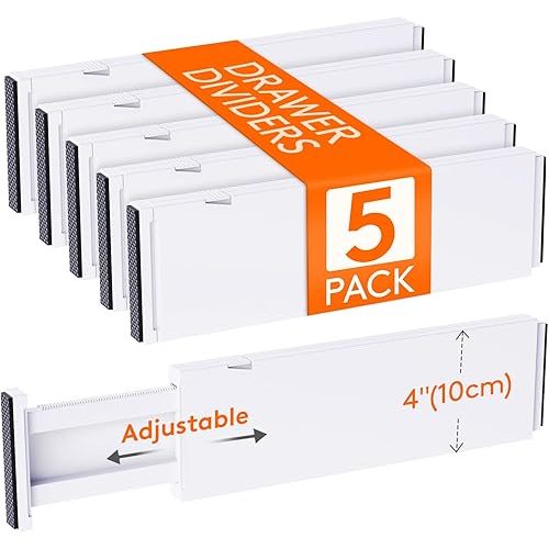 Lifewit 5 Pack Drawer Dividers Plastic 4" High, 13.5-22" Adjustable Closet Drawer Organizers for Clothes, Expandable Dresser Separators in Bedroom/Bathroom/Kitchen/Office Organization and Storage