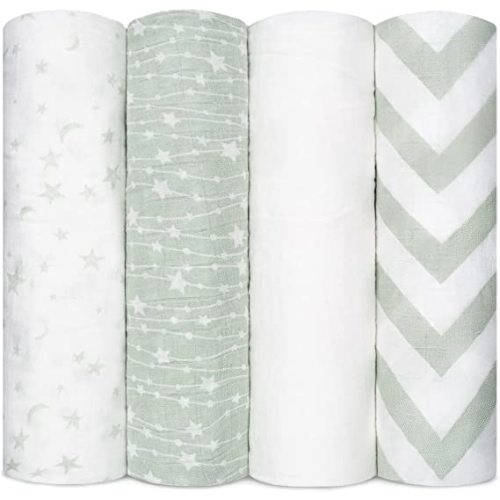 Comfy Cubs Muslin Swaddle Blankets Neutral Receiving Blanket Swaddling, Wrap for Boys and Girls, Baby Essentials, Registry & Gift (Green) - Pack of 4