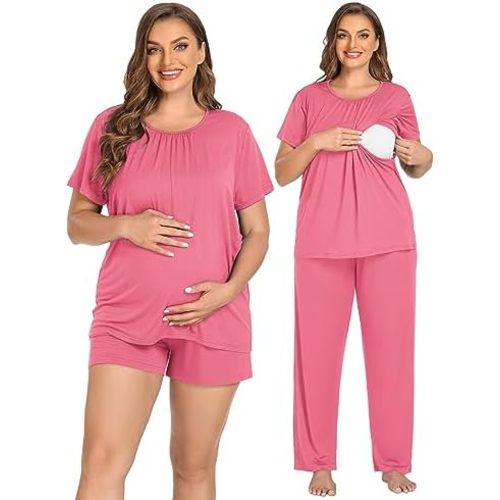 SWOMOG Women 3Pcs Maternity Pajama Set Nursing Pjs Pregnancy Set Breastfeeding Pjs Double Layer with Pockets
