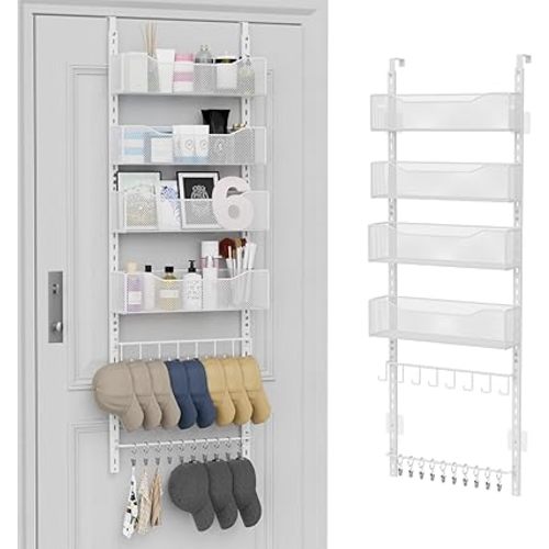 Over the Door Organizer, 2 in 1 Metal Hanging Closet Organizer & Hat Rack with 4 Adjustable Baskets, 8 Hooks, 10 Clips, Behind The Door Storage for Bedroom, Bathroom, Entrance, Closet, Kitchen, White
