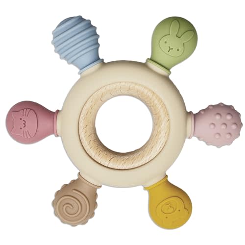 Pepicat Silicone Teething Toys, Natural Wooden Ring with Silicone Teething Cover, Teething Toys for Babies 0-6 Months, BPA Free, Infant Toys for Teething Relief, Baby Chew Toys, Wooden Baby Toy Gifts
