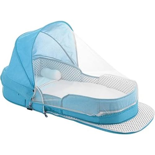 Baby Travel Bassinet Portable Bassinets, Foldable Carry Bag Bassinet Travel Crib, Lightweight Baby Lounger Pod Infant Bed with 2-1 Mosquito & Canopy (Blue)