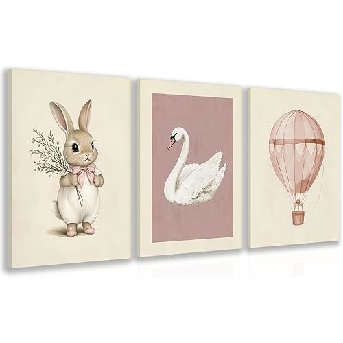 kilamino Pink Baby Girl Nursery Wall Art, Neutral Cute Rabbit and Swan Wall Decor, Vintage Hot Air Balloon Poster Prints, Pastel Bunny Animals Canvas Paintings for Baby Room Playroom Framed 12"x16"x3