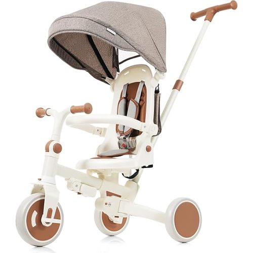 7 in 1 Baby Tricycle,Foldable Toddler Tricycle with Removable and Adjustable Parent Handle,Toddler Push Bike with Removable Pedal,Canopy and Guardrail,Tricycle for 12-72 Months,Ivory and Brown