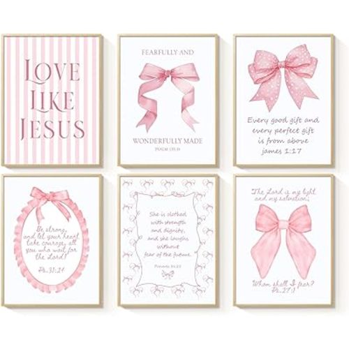 3 Piece Pink Bows Wall Art for Girls Room, Bible Verse Pictures Bathroom Decor, Coquette Posters Prints, Cute Teen Room Decoration, Dorm Decor for College, College Gifts for Girls 8x10 Inch