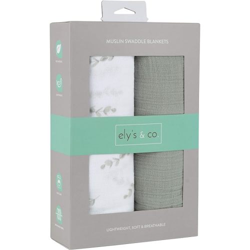Ely's & Co. Muslin Swaddle Blanket 2-Pack — 100% Cotton Muslin Extra-Large Swaddle Blankets (47” x 47”) Watercolor Eucalyptus Print & Solid Sage