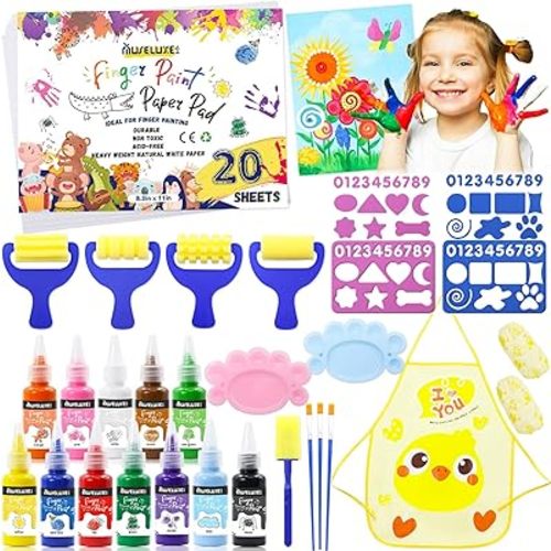 45PCS Kids Washable Finger Paint Kit,12 Colors Non Toxic Finger Paints,Art Painting Supplies for Toddlers - Paper,Brushes,Sponges,Children Drawing Gifts for Kids Boys Girls