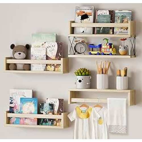 16.5 inch Kids Bookshelf, Floating Bookshelves for Wall, Solid Wood Nursery Book Shelves, Wall Shelves for Living Room Bedroom Decor (Natural-4Pack, 16.5 inch)