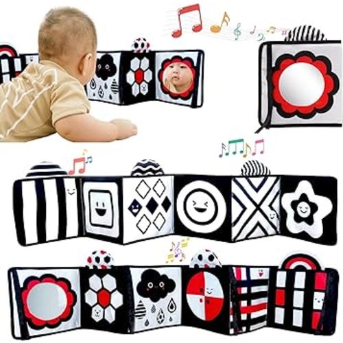 Black and White Baby Toys – High Contrast Soft Sensory Book with Mirror for Newborn Development, Perfect Tummy Time Toy for Infants 0-12 Months