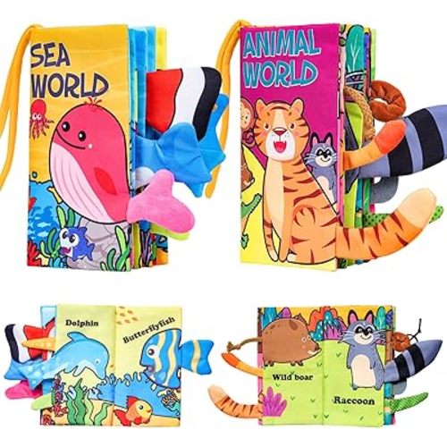 Baby Cloth Books 0-12 Months - Soft Crinkle Sensory Toys for Infants 0-3 6-12 Months | High Contrast Tummy Time Book for Newborns | Touch & Feel Activity Book with Animal & Marine Tails (Boy & Girl)
