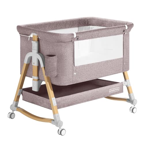 HARPPA Cuddly 3 in 1 Baby Bassinet Bedside Sleeper(Mosquito Net Included), Five-Position Adjustable Bedside Crib with Storage for Newborns, Portable Bassinet with Anchor Strap (Wood Grain, Khaki)