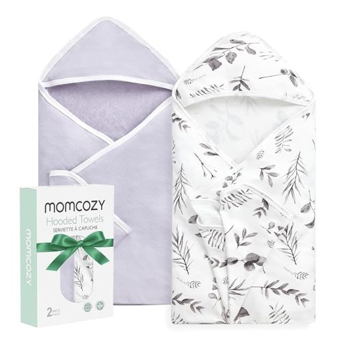 Momcozy Baby Hooded Towel-Made from Cotton, Suitable for Newborn Shower Gifts, 2 Count (Pack of 1), 28 X 28 Inch, Ink Wash Leaves - Newborn Bath Towel ( 28 X 28 Inch )
