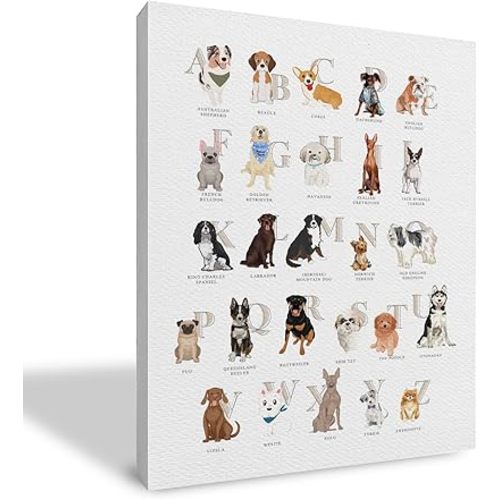 Qvapt Dog Wall Art,Dog Alphabet Framed Wall Art,Funny Dog Alphabet Canvas Wall Art Print,Dog Alphabet Artwork,Dog Alphabet Wall Decor,Dog Alphabet Artwork Wall Decor,Gifts for Dog Lovers(11x14inch)