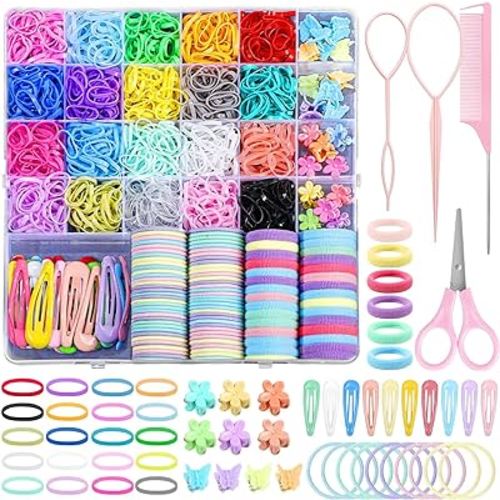Hair Accessories Set, 1543 Pcs Hair Ties, Rubber Bands, Clips, Comb in Organizer Box - 20 Colors for Baby Girls
