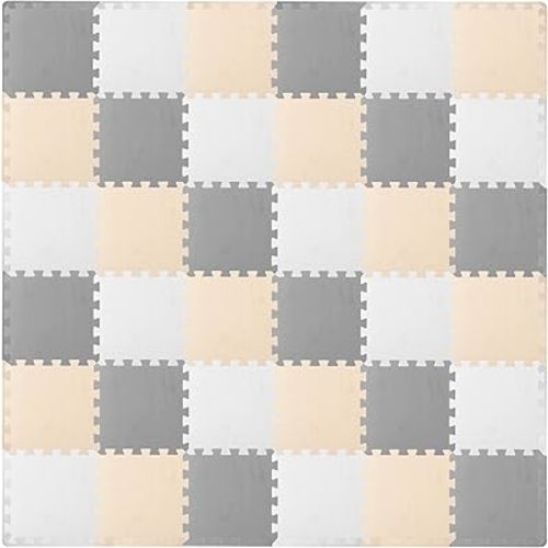 ProSource Foam Puzzle Floor Play Mat for Kids and Babies with Solid Colors, 36 or 16 Interlocking Tiles with Borders, White/Grey/Beige