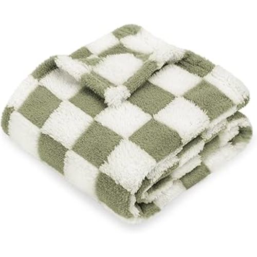 HOMRITAR Checkered Baby Blankets for Boys Girls Warm Cozy Reversible Toddler Blanket, Fluffy Fuzzy Plush Bed Blanket with Chessboard Grid Design 350GSM Mustard Green 30 x 40 Inch