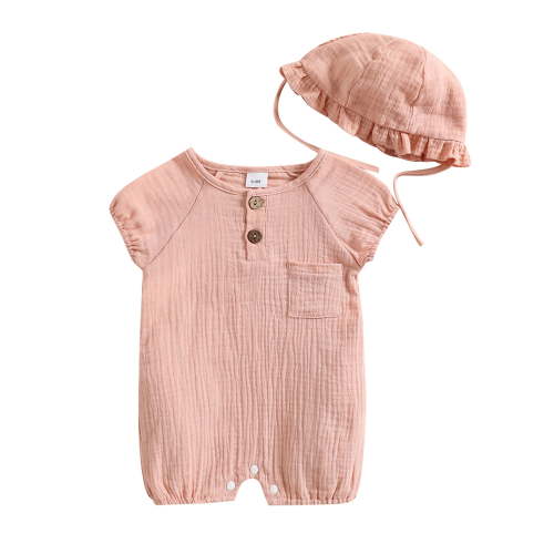 TOPGOD Infant Girls Boys Linen Cotton Rompers Button-Down Baby Girls Summer Clothes with Ruffled Bonnet Hat