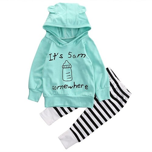 Unisex Baby Clothes Outfit Birthday Outwear Hood Tops Casual Stripes Pants Leggings Set - Blue
