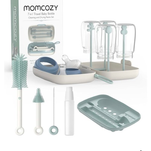 Momcozy Bottle Brush Set - Baby Bottle Cleaner Kit with Silicone Brush, Nipple Brush, Straw Brush, Soap Dispenser, Drying Rack - 7 in 1 Bottle Cleaning Tool for Home and Travel, Green
