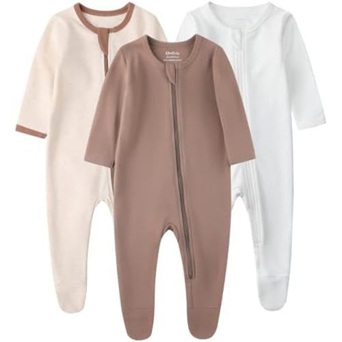 Owlivia Organic Cotton Baby Pajamas, Boys Girls 3-Pack Zip Front Sleep 'N Play, Footed Sleeper, Long Sleeve