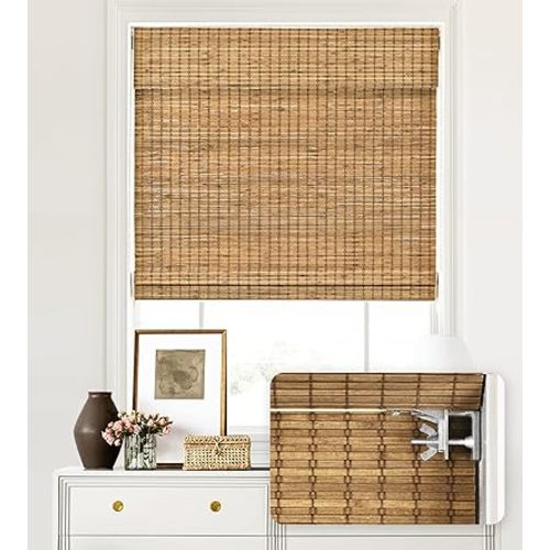 LazBlinds No Tools No Drill Cordless Bamboo Roman Shades, Light Filtering Window Treatment, Roll Up Bamboo Blinds for Windows 32'' W x 64'' H, Eastfield Teak