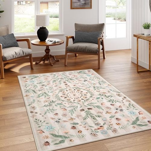 Lahome Insect Botanical Washable Beige 5x7 Area Rugs for Living Room, Non Slip Rugs for Bedroom, Boho Indoor Throw Dining Room Rugs for Under Table Carpet for Entryway Kitchen Office(Beige,5x7)