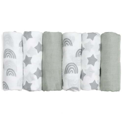 Gllquen Baby Muslin Organic Cotton Swaddle Blankets 6-Pack for Newborn Infant Boys Girls 27 x 27", Grey Star