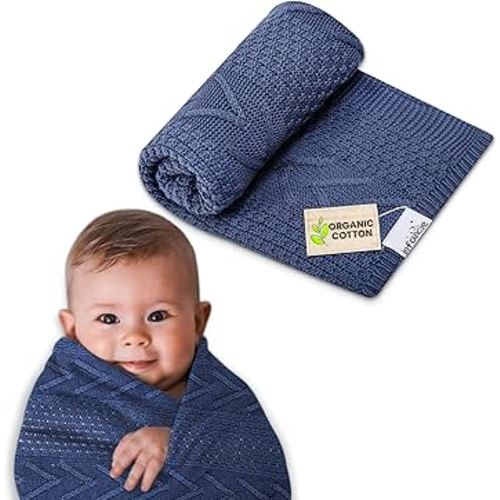 Organic Cotton Baby Blanket - 31.5 x 43.3 Inches, Soft Knitted Crib Blanket for Boys & Girls, Breathable Design (Blue)