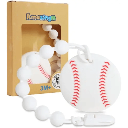 Baby Food Grade Silicone Sport Ball Teether Toy with Pacifier Clip Holder,Teething Toys Gift Set for 3 Months+ Boys and Girls,Freezer Safe,BPA Free. (Baseball)
