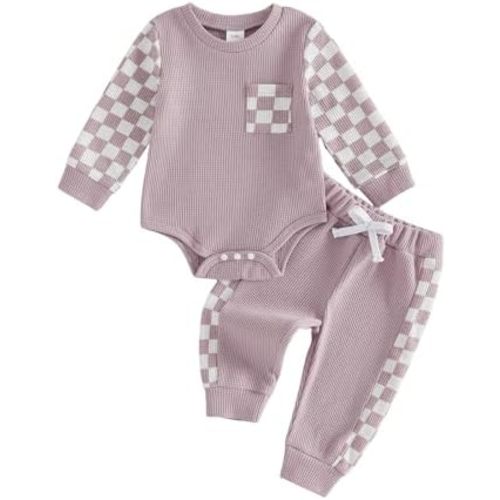 Newborn Baby Boy Girl Clothes Checkered Plaid Long Sleeve Waffle Knit Romper Pants Set 2 Piece Fall Winter Outfits
