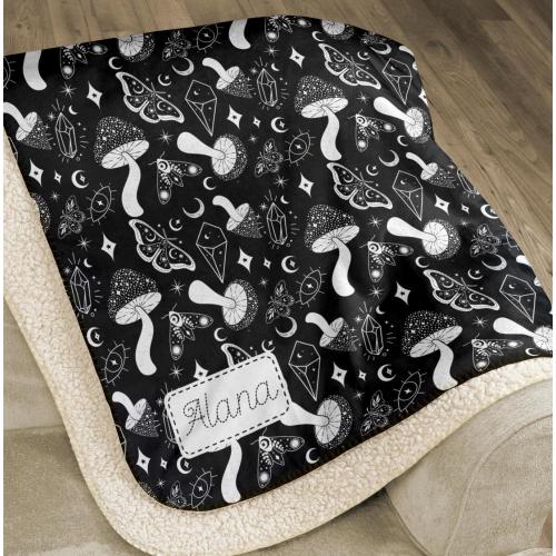 Black Baby Blanket Personalized Celestial Mushroom Blanket Goth Name Sherpa Blanket Witchy Baby Nursery Bedding Moth Butterfly