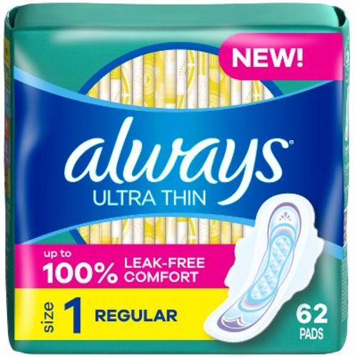Always Ultra Thin Pads Unscented With Wings - Regular Absorbency - Size 1 - 62ct