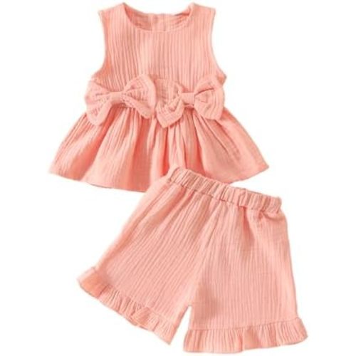 Kupretty Toddler Girl Summer Clothes Baby Solid Linen Outfit Bows Ruffle Tank Tops Shirts + Ruffled Short Set