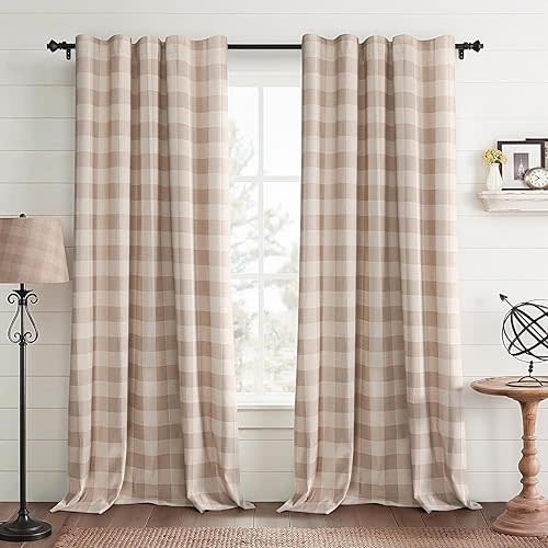 Farmhouse Gingham Curtains Blackout 84 Inches Long, Plaid Curtains for Bedroom and Living Room Buffalo Check Block Print Patterned Curtains 1 Panel