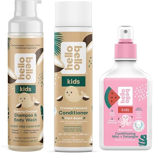 Hello Bello Creamy Coconut Shampoo and Body Wash 10 fl oz, Conditioner 10 Fl Oz, Watermelon Conditioning Mist and Detangler, Gentle, Hypoallergenic, Dermatologist-Tested, Vegan
