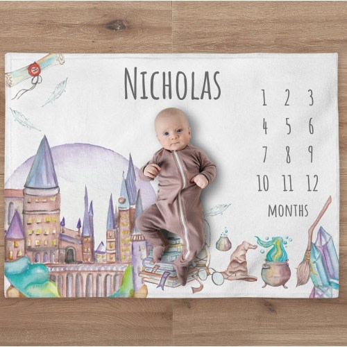 Wizard Milestone Baby Blanket, Custom Magic Month Blanket, Personalized Wizard Toddler Blanket, Newborn Gift, Baby Shower Gift