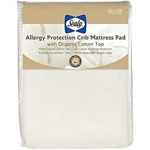 Sealy Organic Cotton Top Cooling Waterproof Fitted Toddler Bed and Baby Crib Mattress Pad Cover Protector, Noiseless, Machine Washable and Dryer Friendly, 52" x 28" - White