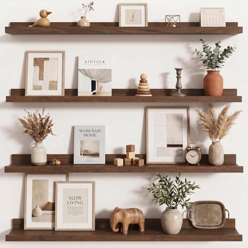Picture Ledge Shelf | 36 Inch Walnut Floating Shelves Set of 4 | Rustic Wood Wall Shelves with Lip | 36" Walnut Picture Shelves for Wall with Ledge | Photo Shelves