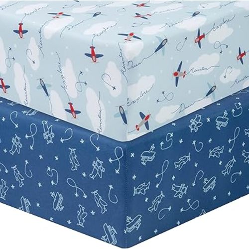 Sammy & Lou Airplanes 2-Pack Microfiber Fitted Crib Sheet Set, Fits Standard Crib Mattress 28 in x 52 in; Fully Elasticized,