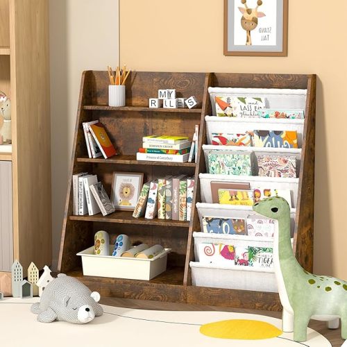 Kids Bookshelf for Bedroom Toddler Child Baby Bookcase 4-Tier for Nursery Book Toy Storage Organizer 6 Sling Adjustable Display Shelf Stand Book Rack Wood Classroom Playroom Rustic Brown