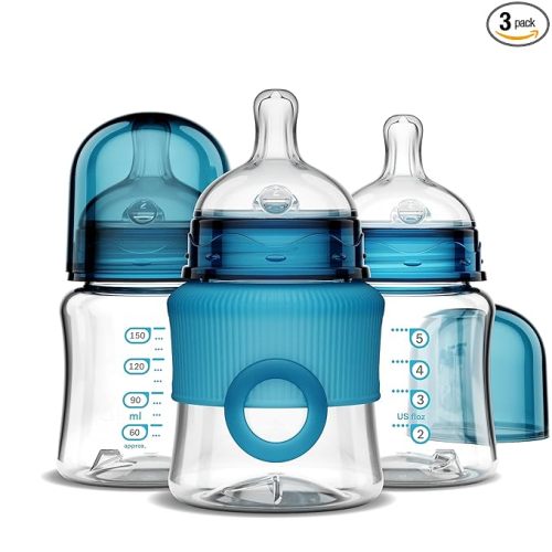Smilo Baby Bottle Set with Stage 0 Slow Flow Anti Colic Nipple, 5 Oz / 150 ml Capacity, 3X Pack of Anti Colic Baby Bottles 0-3 Months - Aqua Blue