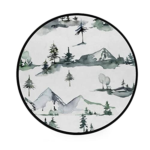 ZHIMI Round Area Rug 3ft Non-Slip Circle Floor Mat Soft Watercolor Snow Trees Mountains White Nursery Rug Absorbent Play Mat Farmhouse Home Decor